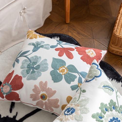YIcabinet Pack of 2 Throw Pillow Covers,Embroidered Flower Pillow Case Soft Square Decorative Pillowcases for Home Sofa Couch 18x18 Inch - color: White04