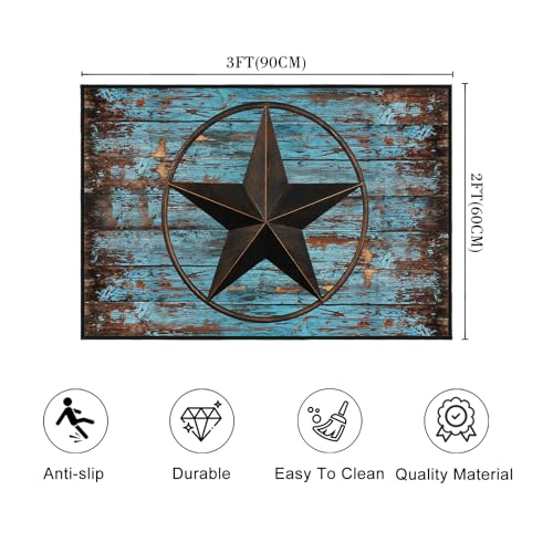 Western Rug 2x3 Washable Area Rugs,Barn Texas Star on Old Wooden Plank,Ultra-Thin Soft Rug Rustic Small Throw Carpet Vintage Floor Carpets Non Slip Indoor Door Mat for Entryway Bedroom Kitchen,Teal - size: 2'x3'