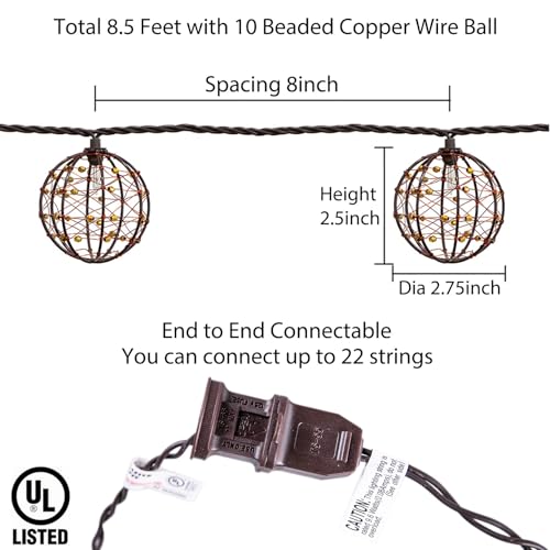 Outdoor Decorative Patio String Lights, Beaded Copper Wire Ball Style Lantern Lights, Connectable Weather-Resistant Indoor Outdoor Novelty Whimsical Light for Home Pergola Bedroom Porch Party Backyard - style: Beaded Copper Wire Ball