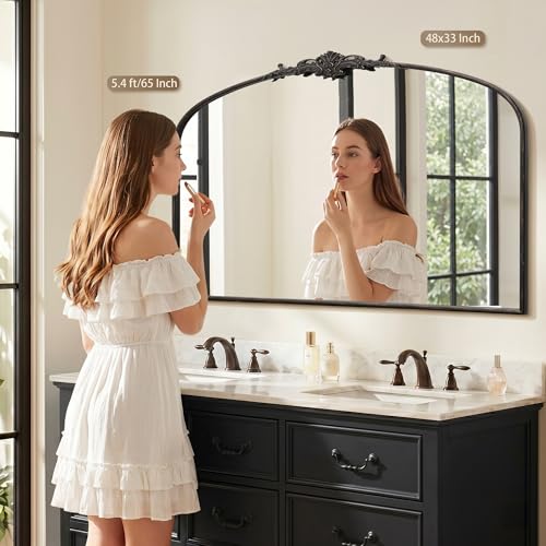 Besdomus Antique Arched Large Mirror: 48"x33" French Oversize Black Arch Antique Wall Mounted Mirror - Baroque Traditional Ornate for Living Room/Fireplace/Bathroom- Home Decor for Interior Designers - color: Black, size: 33"L x 48"W