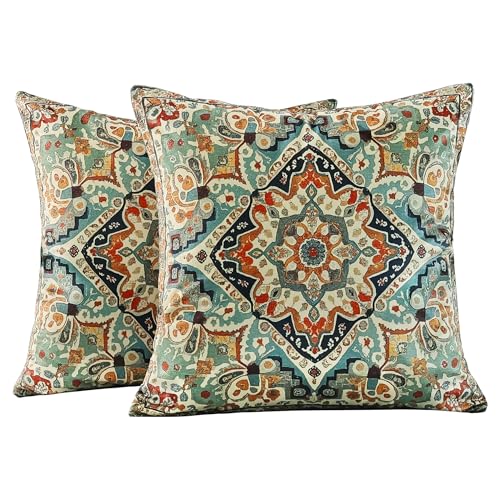 Boho Soft Velvet Throw Pillow Covers 18x18 in Vintage Moroccan Rug Tribal Pattern Pillowcases, Antique Ethnic Decor, Geometric Pattern Cushion Cover for Sofa, Living Room, Blue, 2 Pack - color: Blue, size: 18" x 18" (Pack of 2)