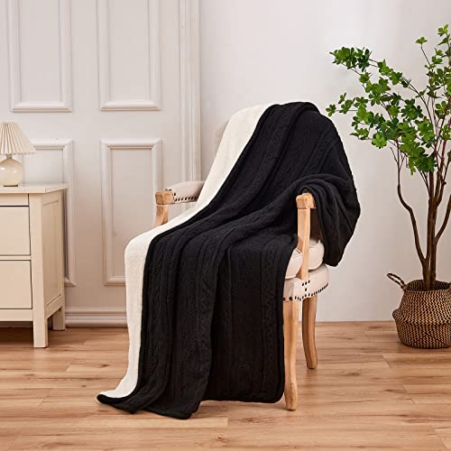 Longhui bedding Black Acrylic Cable Knit Sherpa Throw Blanket - Thick, Soft, Big, Cozy Knitted Fleece Blankets for Couch, Sofa, Bed - Large 60 x 80 Inches Coverlet All Season - color: Black, size: 60"x80", Oversize