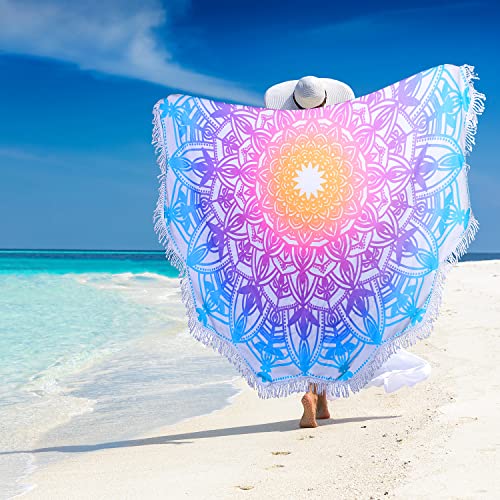 Large Microfiber Boho Mandala Beach Towel Round Bohemian Beach Blanket Hippie Indian Throw Blanket Beach Tapestry Thick Sand Free Quick Dry Yoga Picnic Mat Wall Decor Circle Tablecloth,59'',Aqua Blue - color: Aqua Blue Mandala