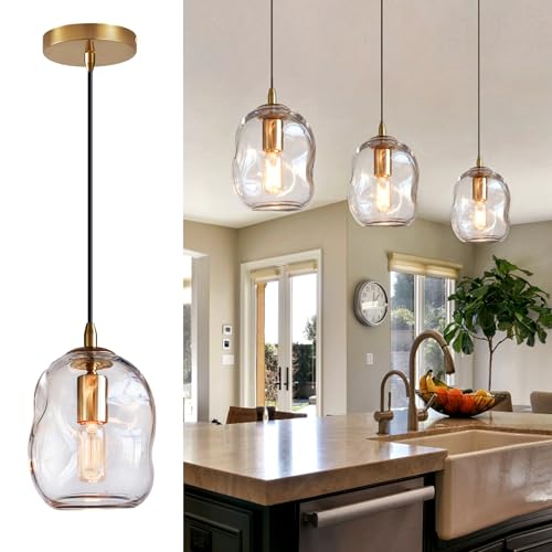 CASAMOTION Glass Pendant Light Gold and Clear Organic Globe Ceiling Hanging Fixtures Modern Industrial Ambient Lighting Over Kitchen Island Sink Bar Counter Porch Small Medium Lamp 8 Inch H - color: Clear+Gold 8"H-1 Pack