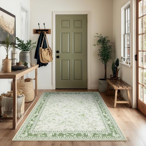 Green and Cream Area Rug 3x5 for Entryway Machine Washable Small Rug for Indoor Kitchen Bedroom Low Pile Vintage Peony Floral Print for Dining Living Room Non-Slip Sage Light Green Boho Decor - color: Sketch Floral Sage Green, size: 3' x 5' (Rectangular)