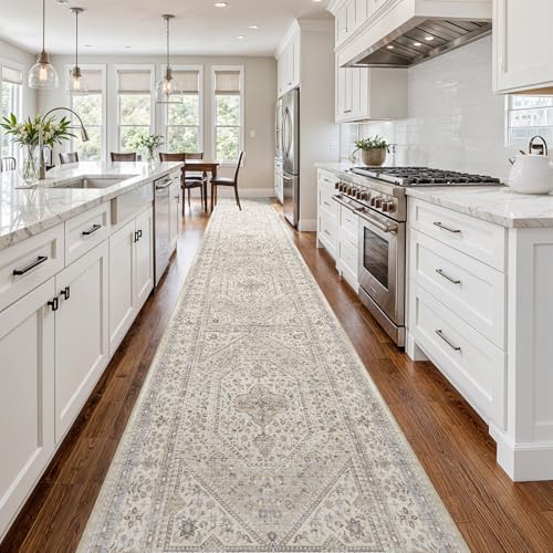 3x20 Runner Rug for Hallway Washable: Non Slip Kitchen Rugs with Rubber Backing Soft Waterproof Mats Stain Resistant Indoor Vintage Carpet Runner for Bedroom Bathroom Laundry Entryway Beige/Gray - color: Beige/Gray, size: 3' x 20' (Rectangular)