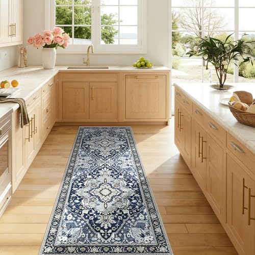 2x6 Washable Navy Blue Boho Runner Rug with Non-Slip Backing - Low Pile Farmhouse Hallway Runner for Kitchen, Bathroom, Entryway - Washable Long Indoor Carpet, Vintage Floor Mat, Navy Blue Multi - color: Navy Blue& Multi, size: 2' x 6' (Runner)