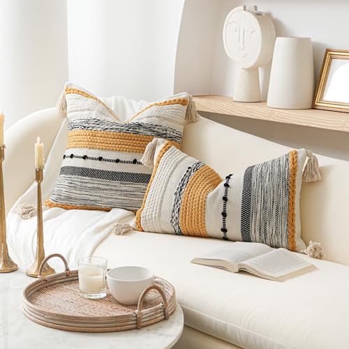 BlissBlush Boho Decorative Throw Pillow Cover 22x22 Square Yellow Mustard Accent Pillowcase Tassels Farmhouse Cushion for Couch Sofa Bedroom Living Room Home Décor Cover ONLY (Pack of 1) - color: Mustard, size: 22" x 22" (Pack of 1)