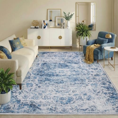 Washable Area Rug 5x7 for Living Room, Boho Vintage Distressed Rug, Soft Low Pile Non Slip Carpet, Floral Print Mat for Bedroom, Dinning Room,Playroom, Nursery Farmhouse Indoor-Blue/Gray - color: Blue/Grey, size: 5' x 7' (Rectangular)