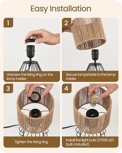 Rattan Table Lamp, Boho Table Lamp, Small Bedside Lamp, Handwoven Paper Lampshade, 2700K LED Bulb Included, Boho Desk Lamp, Modern Nightstand Lamp for Bedroom, Living Room, Striped SW06TL05 - color: Striped + Black