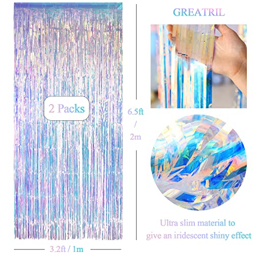 Iridescent Party Streamers Backdrop - GREATRIL Neon Transparent Holographic Tinsel Foil Fringe Curtain for Mermaid/Frozen/Sea/Euphoria/ERAS Party Theme Decorations 3.2ft x 6.5ft 2 PCS - color: Iridescent