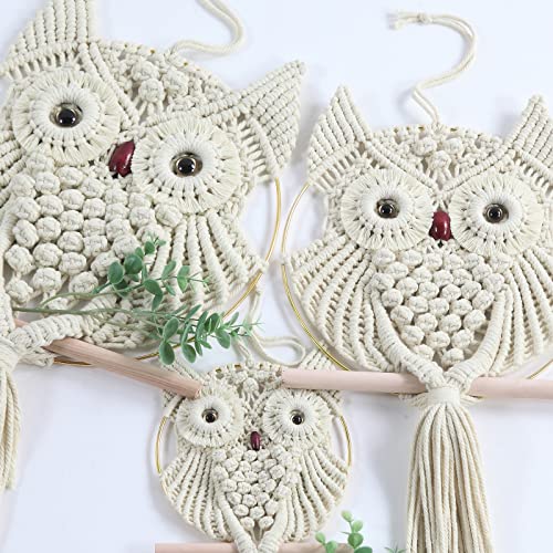 MVSUTA Owl Ivory Cotton Handmade Macrame Wall Hanging Tapestry Home Decor Art Cream Craft Wonderful Decoration Woven Beige Boho Ornament for Office Bedroom Apartment Living Nursery Gallery,3pcs - color: Ivory, size: 3pcs set:1pc L & 1pc M & 1pc S