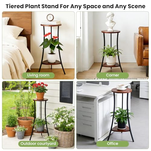 2-Tier Tall Plant Stand Indoor Outdoor, Round Wooden Corner Plant Shelf with Walnut Panel & Black Metal Frame, Modern Flower Pot Holder Rack for Living Room, Balcony, Patio Decor