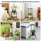 2-Tier Tall Plant Stand Indoor Outdoor, Round Wooden Corner Plant Shelf with Walnut Panel & Black Metal Frame, Modern Flower Pot Holder Rack for Living Room, Balcony, Patio Decor
