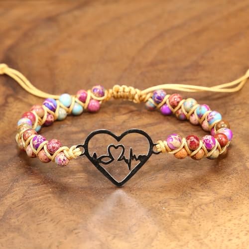 Women Boho Wrap Bracelet,Handmade Natural Stone Crystal Emperor Beads Heart Bracelet, Fashion Bohemian Jewelry Gift for Women - color: Heartbeat