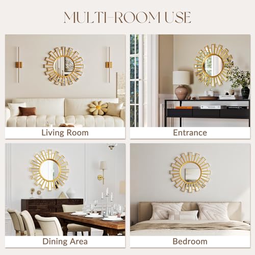 Uniclinens Modern Round Sunburst Mirror Gold - Large Boho Sunburst Mirror Wall Decor,Circle Sun Wall Decor for Bedroom Living Room Hallway Bathroom Entrance,24"