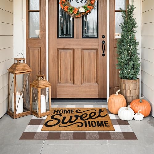 KIMODE Fall Decor Door Mat Buffalo Plaid Outdoor Mat 24"x35" Farmhouse Brown Checkered Rug Fall Thanksgiving Front Porch Rug Decor Washable Layered Door Mats Outdoor Autumn Mats - color: Coffee/White, size: 2' x 3' (Rectangular)