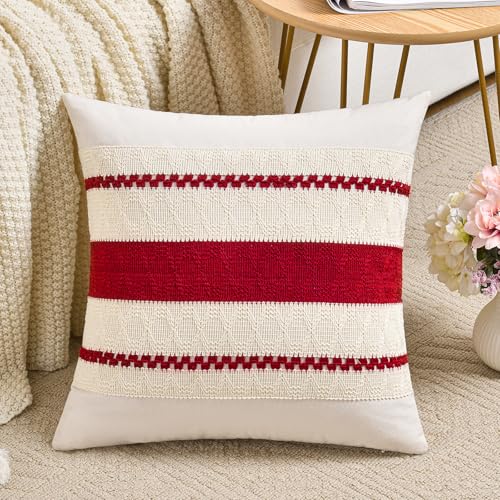 Fancy Homi Set of 2 Boho Red Decorative Throw Pillow Cover 16x16 Inch for Couch Bed Sofa, Aesthetic Modern Organic Farmhouse Home Decor, Soft Cotton Cute Accent Macrame Woven Cushion Case - color: Red, size: 16" x 16" (Pack of 2)