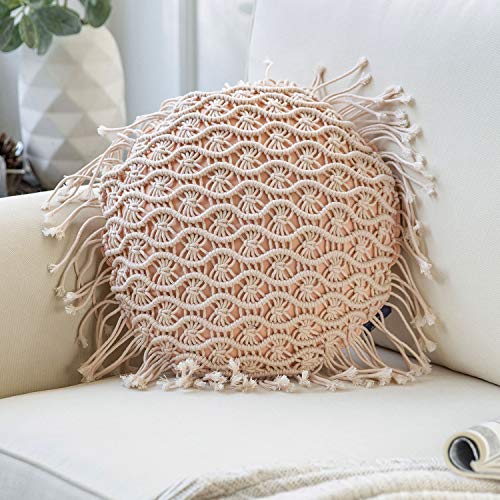 Phantoscope 100% Cotton Handmade Crochet Woven Boho Throw Pillow with Tassel Cute Farmhouse Pillow Insert Included Lumbar Small Decorative Cushion for Couch Sofa, Pink,16 inches Round - color: Pale Pink