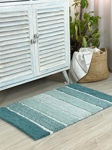 Chardin home Cordural Stripes Bath Mat, Set of 2 Bath Rugs (17x24 Inches & 21x34 Inches) | Non Slip Bathroom Rug, Machine Washable, Plush, Highly Absorbent | Teal Blue-Green-White - color: Teal Blue/Green