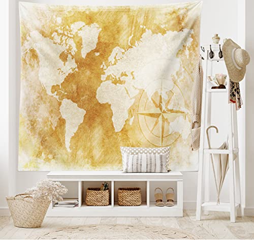Ambesonne Compass Tapestry, Old-Fashioned World Map Design with Compass in Retro Distressed Colors Continents, Wide Wall Hanging for Bedroom Living Room Dorm, 60" X 40", Cream Tan - color: Cream Tan, size: 60"L x 40"W