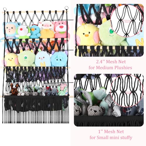 3 Tier Wall Hanging Stuffed Animal Shelf, 24x39 Inch Large Stuffy Storage Holder w/ LED Light & Clips for Mini Medium Plushies Teddy, Black Boho Macrame Toy Hammock Display for Nursery Kids Girls Boys - color: Black, size: Large-3 Tier-24x39 Inch