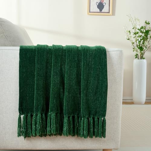 Chenille Throw Blanket for Couch with Tassels,50"X60" Soft Cozy Lightweight Knitted Boho Decorative Blankets for Bed and Sofa,Dark Green - color: Dark Green, size: 50"x60"
