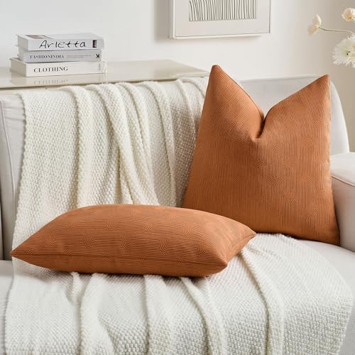FUTEI Pack of 2 Chenille Decorative Throw Pillow Covers 24x24 Inch,Soft Cozy Striped Geometric Patterns European Cushion Case,Modern Home Decor for Couch Bed Living Room,Burnt Orange - color: Burnt Orange, size: 24" x 24" (Pack of 2)