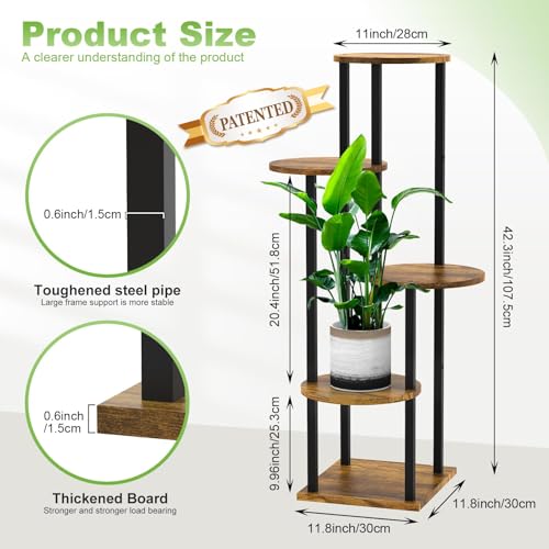5 Tier Wood Tall Plant Stand Metal Rack Indoor, Multiple Flower Pot Holder Shelves Corner Rack, Round Planter Shelf Display Rack Storage Organizer for Patio Living Room Balcony(Black+Brown) - color: Black+Brown, size: 5 Tier