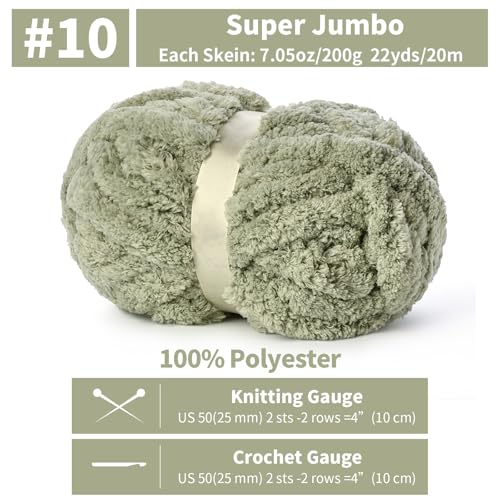 10 Pack Jumbo Chenille Yarn for Crocheting, #10 Super Bulky Baby Soft Yarn for Hand Knitting, 220 yds /70.5 oz Fluffy Chunky Knit Throw Blanket Yarn (Sage Green) - color: Sage Green
