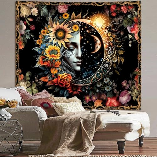 Sun and Moon Tapestry,Psychedelic Mystic Floral Tapestry Wall Hanging Modern Aesthetic Tapestry Hippie Boho Wall Art for Home Decor Bedroom Living Room Wall Decor Gift 59x51in - color: S06-Modern Aesthetic Sun and Moon
