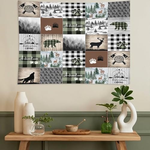 ZhiRain Deer Bear Wolf Tapestry Wall Hanging Wild Animals Hunting Adventure Geometric Plaids Pines Rustic Retro Tapestries Home Decor for Living Room Bedroom Farmhouse Apartment 30"x40" - color: Cabin-14, size: 30"L x 40"W