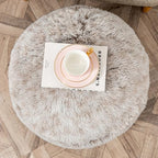 Stuffed Ottoman with Modern High Density Foam Faux Fur Pouf Stool Round Foot Stool Cushion Storage Ottoman 20 * 12''Floor Pouf Ottoman Foot Rest for Living Room (Snow Coffee)
