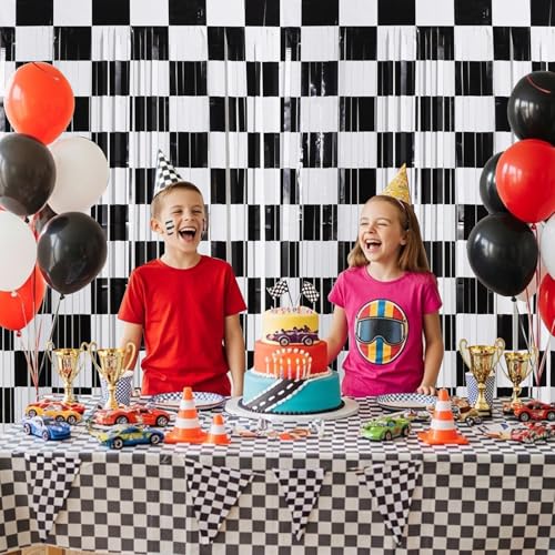 TONIFUL 2 Packs Race Car Checkered Foil Fringe Curtains 3.3 x 6.6 ft | Black and White Metallic Tinsel Streamers Curtain Backdrop for Race Car Themed Birthday Sports Party Photo Booth Decorations - color: Checkered