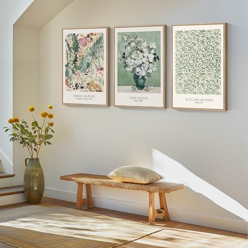 Framed Large Van Gogh Wall Art for Living Room, 3 Pieces Vintage Sage Green Canvas Painting Artwork for Walls, Botanical Wall Art Prints for Bedroom, Guest Room, Hallway, Home Office Wall Decor, 16x24 Inch - color: Sage Green, size: 16"W x 24" H x 3Pcs