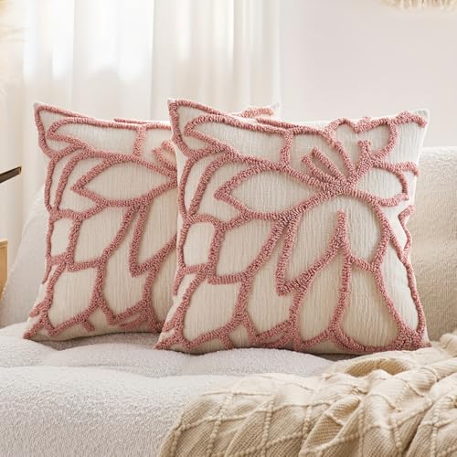 2-Pack Tufted Rose Pillow Covers Embroidered, Comfortable Polyester Covers with Geometric-Pattern, Zipper Closure, Suitable for Home/Office Use (Pink)