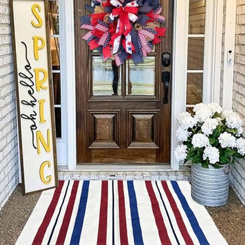 Blue/White/Red Striped Rug 4th of July Door Mat 27.5'' x 43'' Summer Front Porch Rug Independence Day Welcome Doormats for Farmhouse Entrance Porch Outdoors Decor (Blue/red/White, 27.5'' x 43'') - color: Blue/Red/White, size: 2'4" x 3'7" (Rectangular)