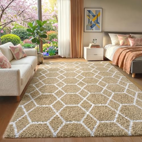 ONASAR Area Rugs for Bedroom Living Room, 4x6 Fluffy Beige and White Throw Rug, Geometric Soft Shaggy Fuzzy Plush Indoor Floor Carpet for Kids Teen Nursery Dorm Office Home Decor Aesthetic - color: 6- Beige / White, size: 4' x 6' (Rectangular)