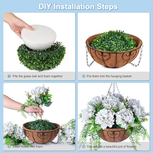Ammyoo Artificial Flowers in Hanging Basket Planter for Home Spring Summer Decoration, Silk Hydrangea Outdoor Indoor Arrangements, 12" Metal Coconut Lining Basket with Faux Plant(Light Green) - color: Z-light Green With Basket