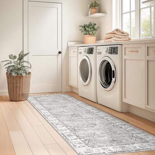 jinchan Fiora Runner Rug 2x5, Distressed Vintage Floral Washable Rug with Low-Pile Surface and Non-Slip Backing, for Entryway Kitchen Laundry Room Indoor Walkways and High-Traffic Areas, Grey - color: Distressed Grey, size: 2' x 5' (Light Weight)