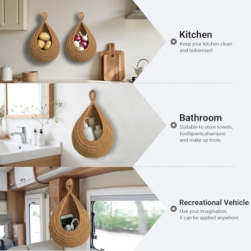 Hanging Fruit Baskets for Kitchen, 3 Pack Boho Cotton Rope Handwoven Vegetable Storage Wall Mounted Large Organizing Basket for Farmhouse Decor, Onion, Potato, Garlic and Plants (Caramel) - color: Caramel