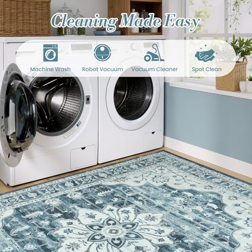 3x5 Large Entryway Rug Indoor, Coastal Blue White Non-Slip Backing Area Rugs for Kitchen - Vintage Boho Distressed Washable Rug, Soft Low Pile Carpet for Office, Lounge, Bedroom Bedside - color: Coastal Blue White, size: 3' x 5' (Rectangular)