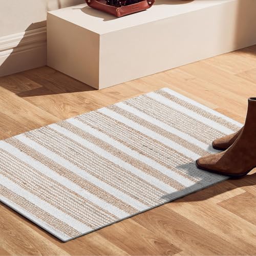 Area Rug Farmhouse 2x3 Feet - Hand Woven Jute Cotton Rug Bohemian Rustic Vintage - Non Slip Floor Rug for Bedroom Living Room Kitchen Dorm Entryway Hallway - Area Rug Natural White - color: Natural White, size: 2'x3'