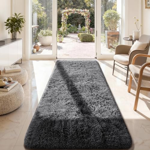 Ophanie Runner Rug for Hallway, 3x8 Washable Non-Slip Fluffy Soft Bedside Rugs, Bedroom Living Room Shaggy Carpet for Kids Girls Boys Dorm Nursery Decor Aesthetic, Grey with Over 99 pcs Pile fibers - color: 1- Grey, size: 3' x 8' (Rectangular)