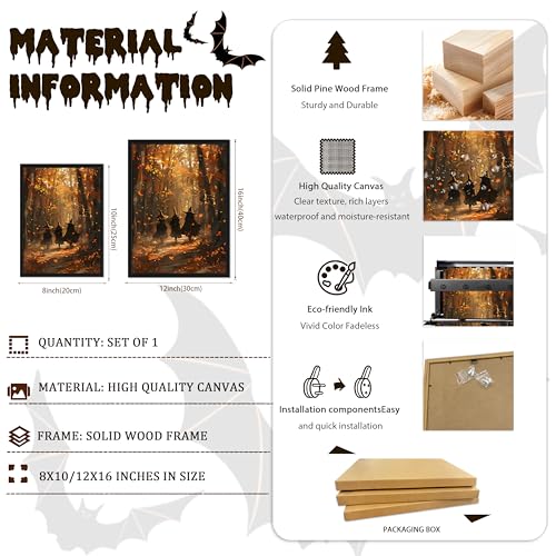 Framed Halloween Witch Wall Art - Autumn Forest Witch Canvas Print, Vintage Gothic Dark Academia Halloween Wall Decor, Spooky Fall Artwork for Bedroom Living Room Home 8x10in Wood Frame - color: Witch, size: 10"L x 8"W
