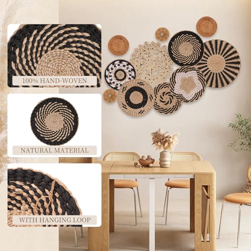 Boho Wall Basket Decor Set of 11 - Hanging Woven Bulrush Basket Wall Decor, Handcrafted Round Flat Baskets Wall Art, for Rustic Farmhouse、Home - Unique Rattan Wicker Wall Decor（Black Retro） - style: Black Retro