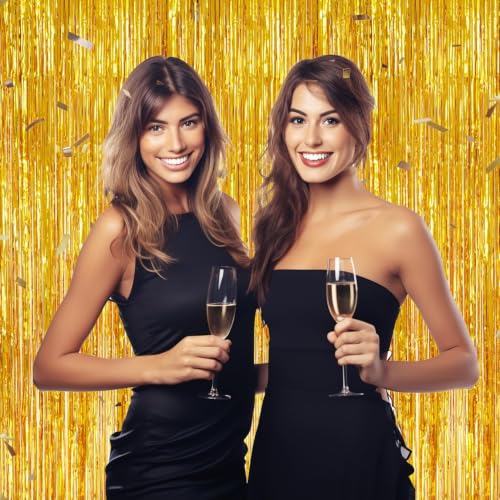DECOCKRAT 3 Pack Foil Fringe Backdrop - Gold Shiny Tinsel Curtains for Party Decoration/Photo Booth Props - 3.3x8.2 FT Metallic Foil Backdrop for Birthday, Wedding, Graduation, Christmas. - color: Gold
