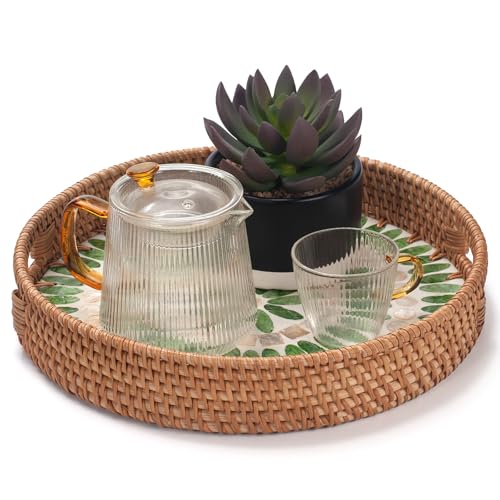 YANGQIHOME Round Serving Tray With Decorative Mother of Pearl Inlay, Rattan Wicker for Home Decor, Table Decor, Gifts, Dining, Woven for Food, Fruit, Coffee, 11.8 Inch - color: Green/White, size: 11.8"