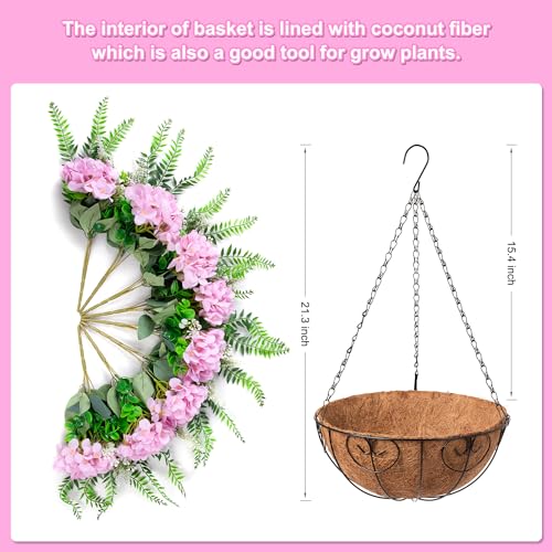 Ammyoo Artificial Flowers in Hanging Basket Planter for Home Spring Summer Decoration, Silk Hydrangea Outdoor Indoor Arrangements, 12" Metal Coconut Lining Basket with Faux Plant(Pink) - color: Z-pink With Basket