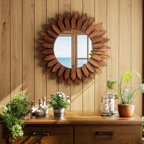 Boho Wood Sunburst Round Wall Mirror, 20 Inch Rustic Circle Wooden Frame Decorative Mirror for Farmhouse Coastal Home, Home Wall Decor for Living Room Entryway Bedroom, Walnut - color: Walnut, size: 20"L x 20"W